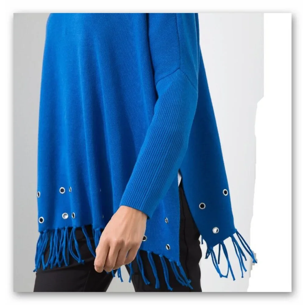 Chico's blue knit gold tone grommets with fringes sweater poncho L /XL - Picture 4 of 12